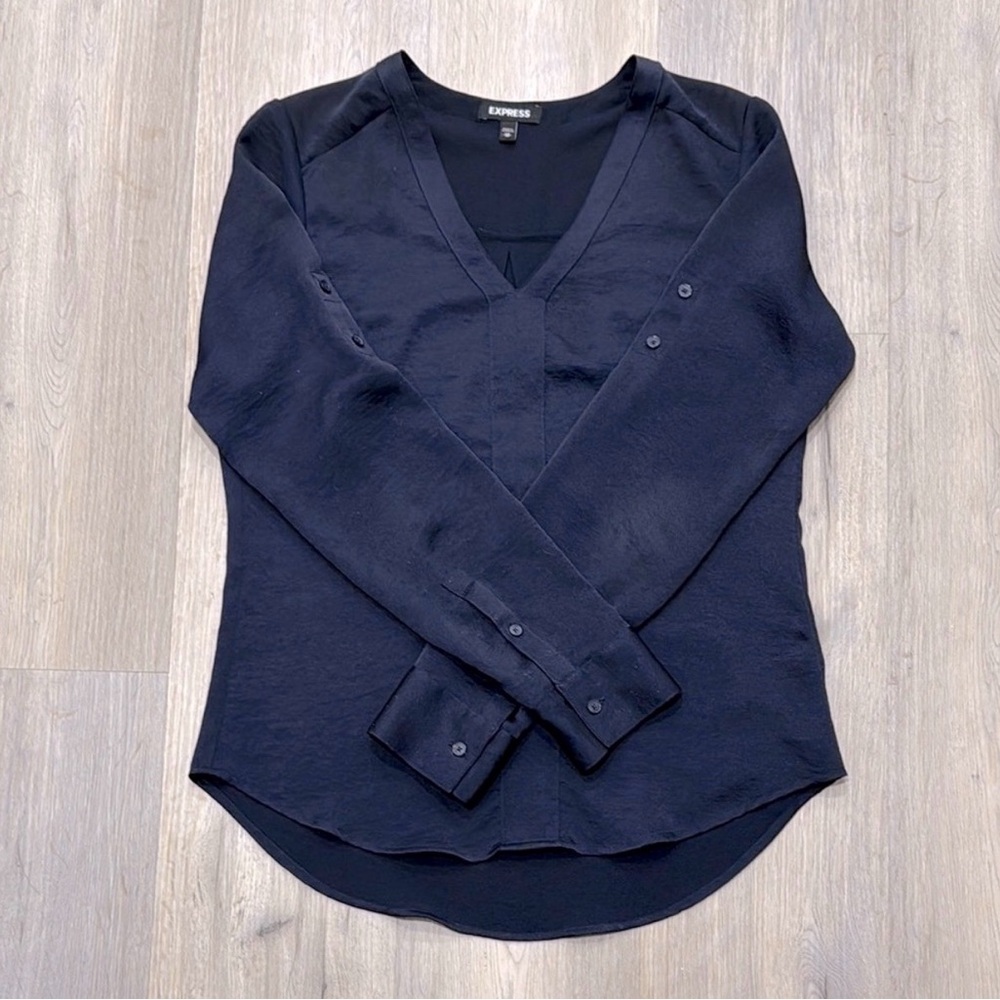 Express Women's Navy V-Neck Button-Sleeve Blouse